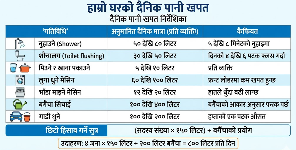 Daily household water consumption guide Nepal